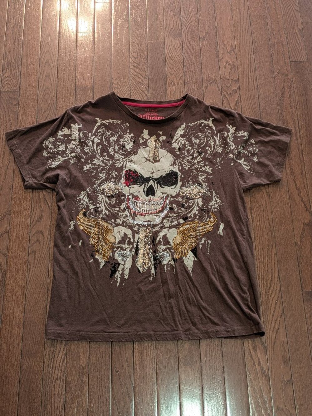 Y2K Affliction Red Label Premium Rhinestone Skull T-Shirt - Size XL